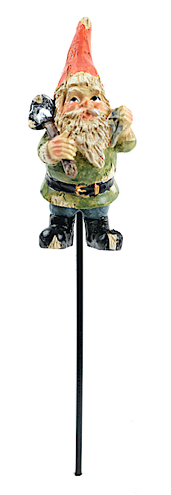 Hand Painted Resin - Gnome with Garden Shovel on Pick - Total Height with Pick is 9"