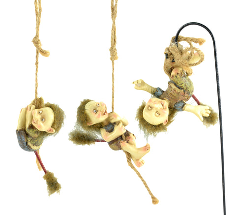 Hand Painted Resin - Set of Three, 3" Trolls with Hairy Little Heads and Tails Swinging on Ropes