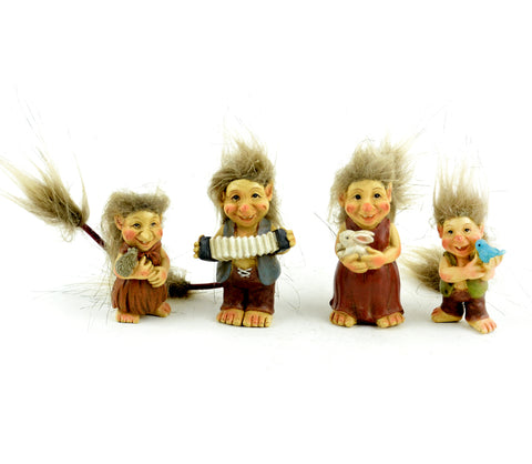 Hand Painted Resin - Set of four, 2.5" Resin Troll Family with Hairy Heads and Tails