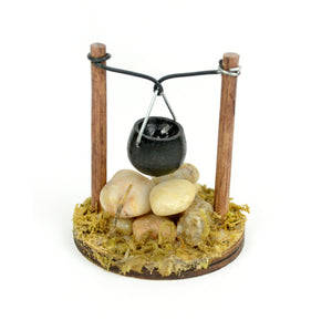 2" Cooking Pot over Wood, Rock and Moss Accented Fire Pit