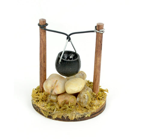 2" Cooking Pot over Wood, Rock and Moss Accented Fire Pit