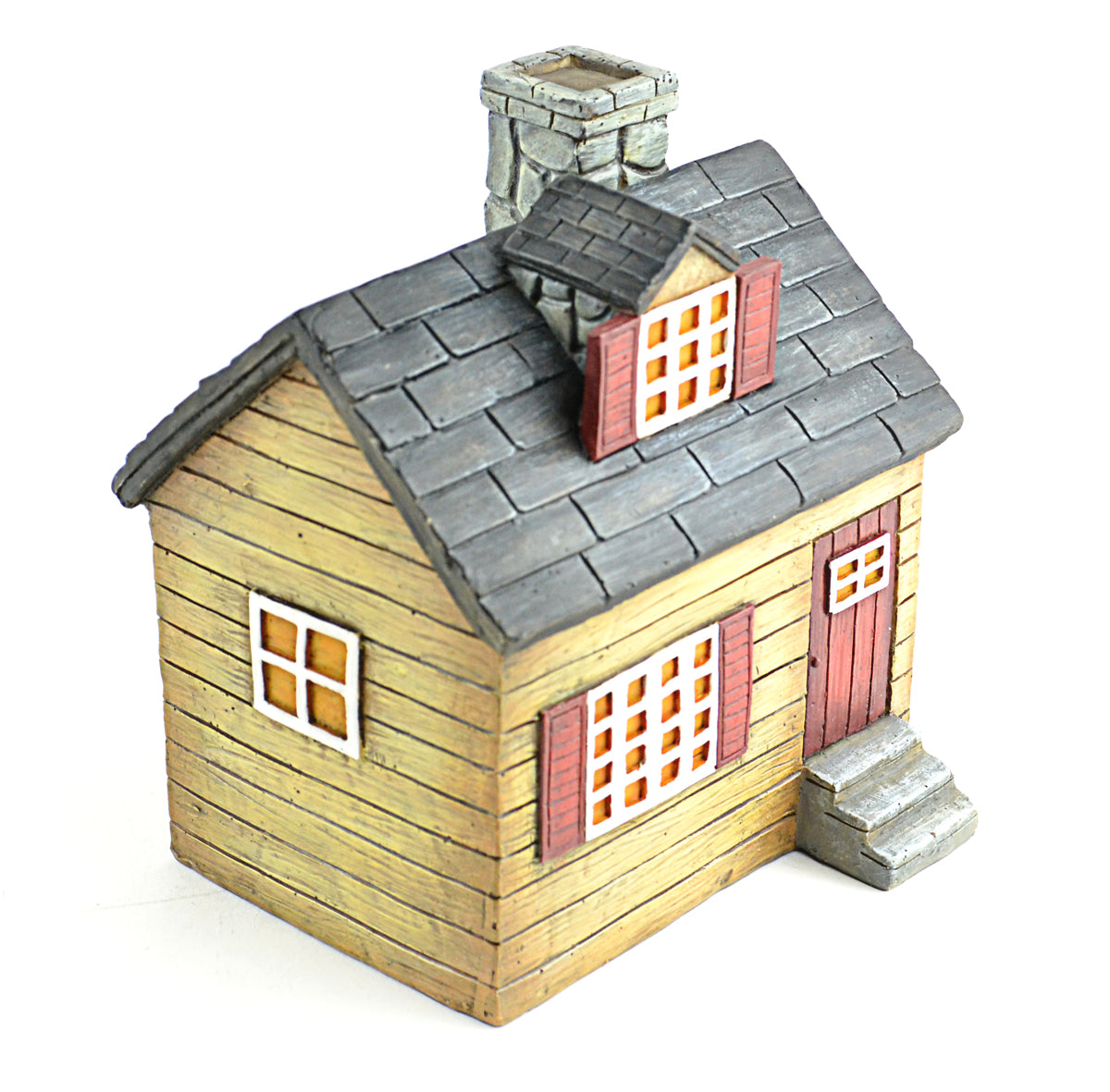 Hand Painted Resin - 6.5" Cottage House with Attached Entry Stairs