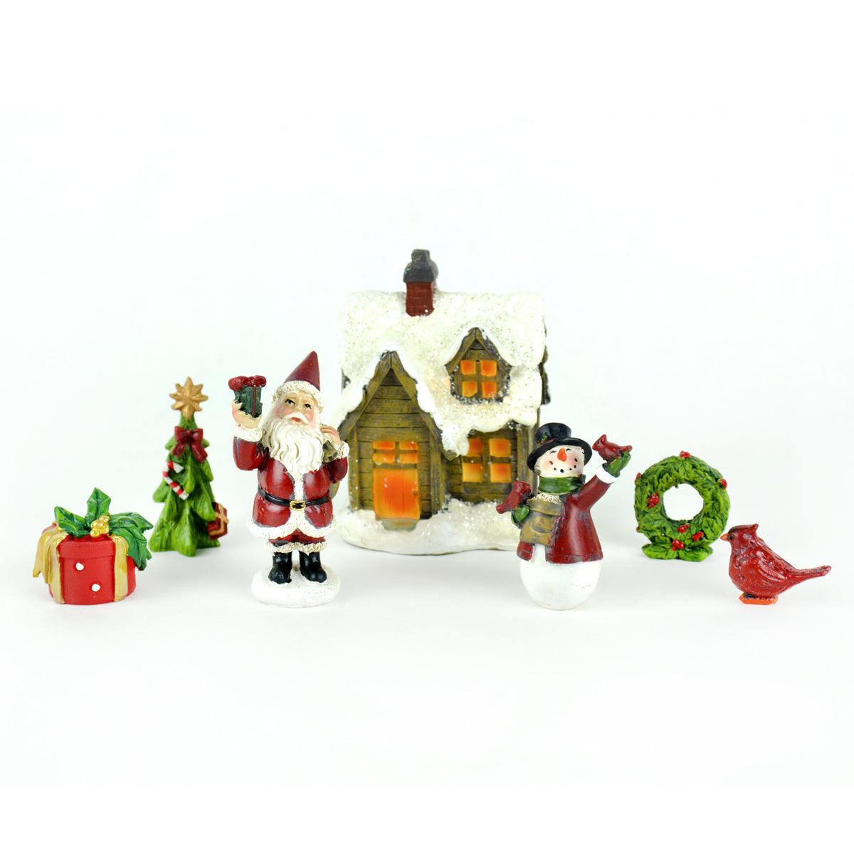 Hand Painted Resin - Set of 7 Pieces Christmas Kit with House, Santa, Snowman, Wreath, Tree and Present