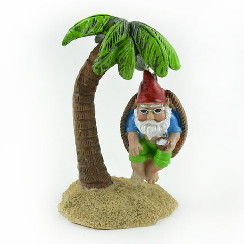 Hand Painted Resin - 4.5" Gnome Holding Coconut Drink on Palm Tree Swing