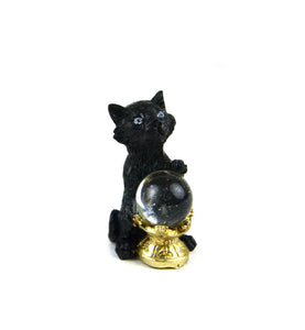 Hand Painted Resin - 1.75" Tall Black Cat with Crystal Ball