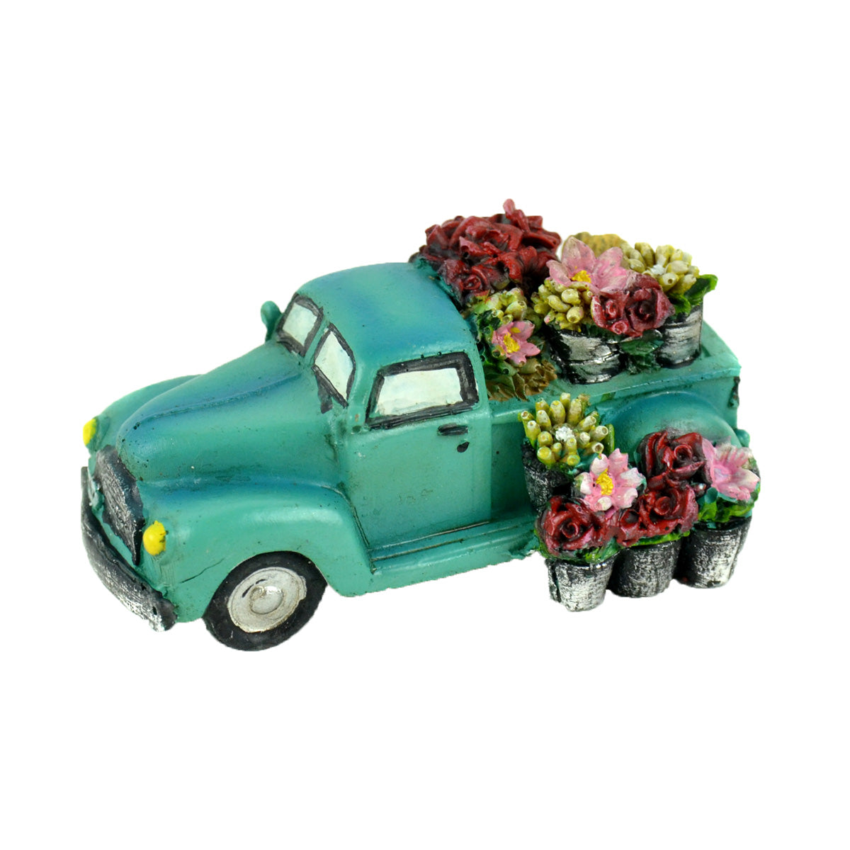 Hand Painted Resin - 2" Vintage Turquoise Pickup Truck with Flowers in Bed