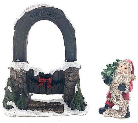 Set of 5" Tall Miniature Snow Covered Welcome Arch and 3" Tall Santa Carrying Tree - Christmas Kit