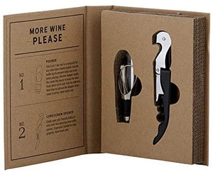 "More Wine Please" Corkscrew Opener and Wine Pourer Set in Cardboard 'Book' Gift Box