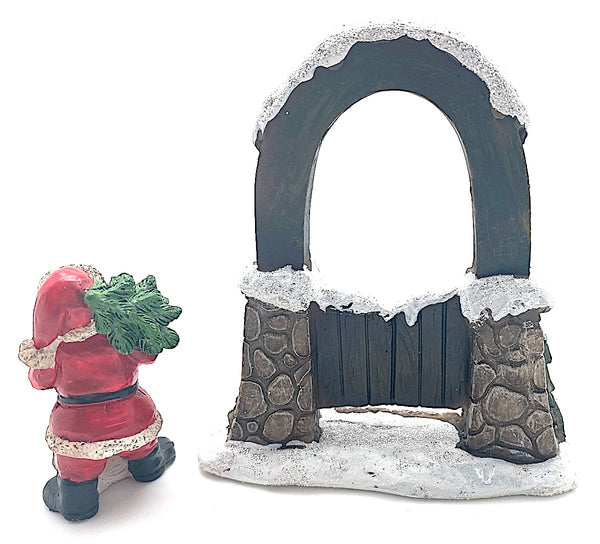 Set of 5" Tall Miniature Snow Covered Welcome Arch and 3" Tall Santa Carrying Tree - Christmas Kit