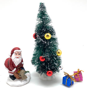 Set of 6" Green Bottle Brush Christmas Tree, Resin Santa with Bag and Cute Puppy and 2 Tiny Foil Wrapped Presents-Christmas Kit