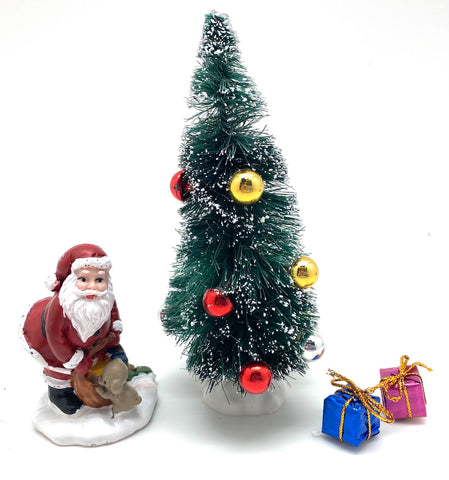 Set of 6" Green Bottle Brush Christmas Tree, Resin Santa with Bag and Cute Puppy and 2 Tiny Foil Wrapped Presents-Christmas Kit