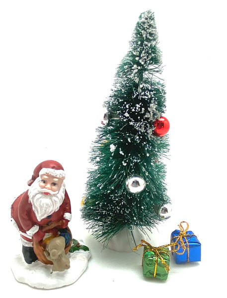 Set of 6" Green Bottle Brush Christmas Tree, Resin Santa with Bag and Cute Puppy and 2 Tiny Foil Wrapped Presents-Christmas Kit