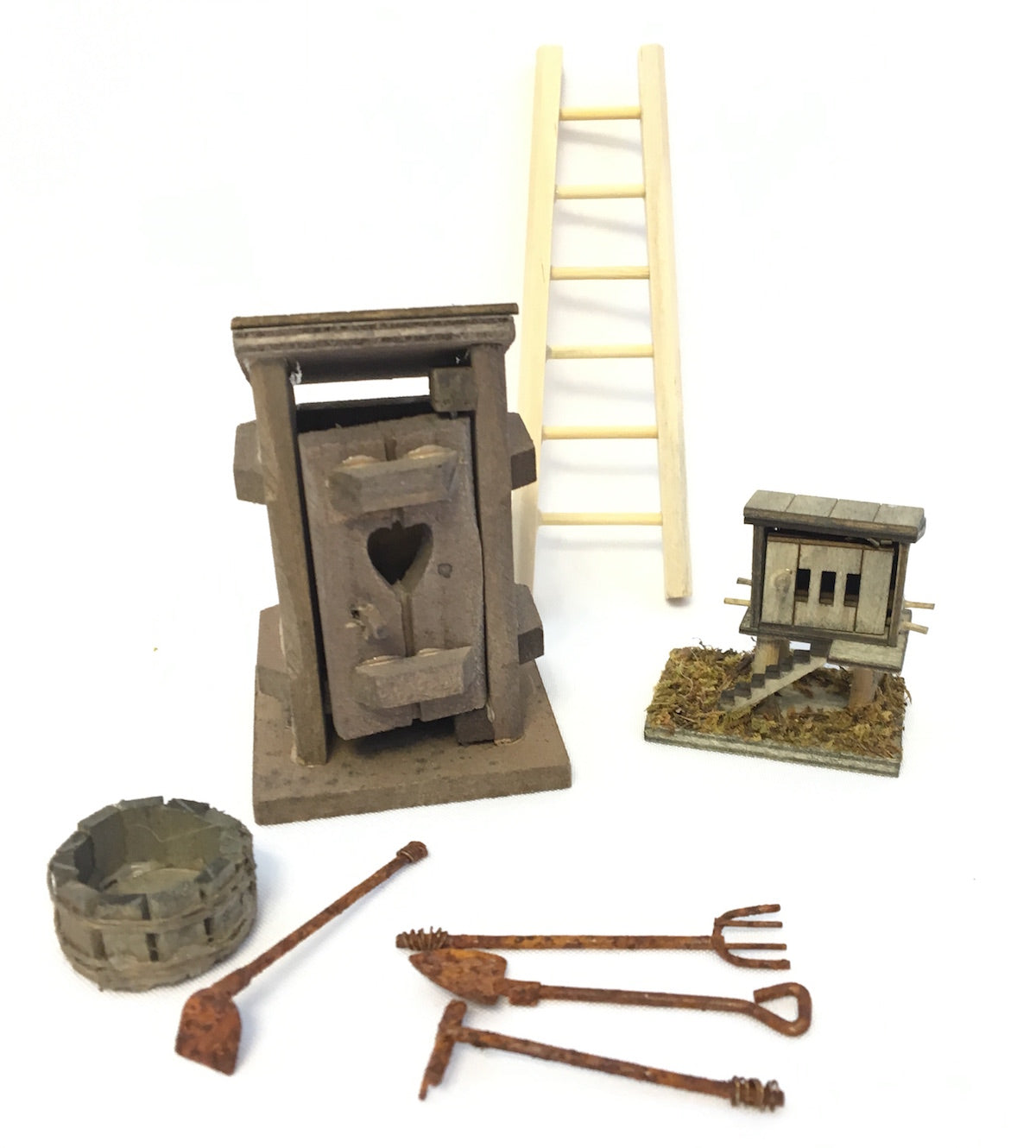 Garden Farm Accessory Set - DIY Kit for Fairy Garden Includes Wood Ladder, Outhouse, Chicken Coop, Wash Tub and 4 Piece Rusty Garden Tool Set