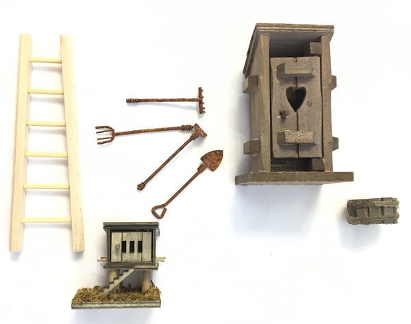 Garden Farm Accessory Set - DIY Kit for Fairy Garden Includes Wood Ladder, Outhouse, Chicken Coop, Wash Tub and 4 Piece Rusty Garden Tool Set