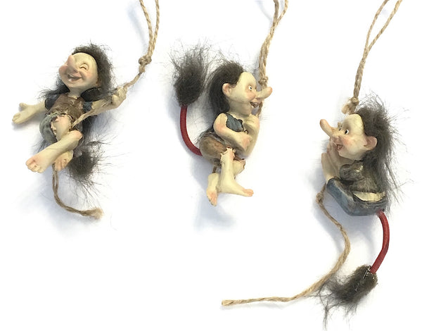 Hand Painted Resin - Set of Three, 3" Trolls with Hairy Little Heads and Tails Swinging on Ropes